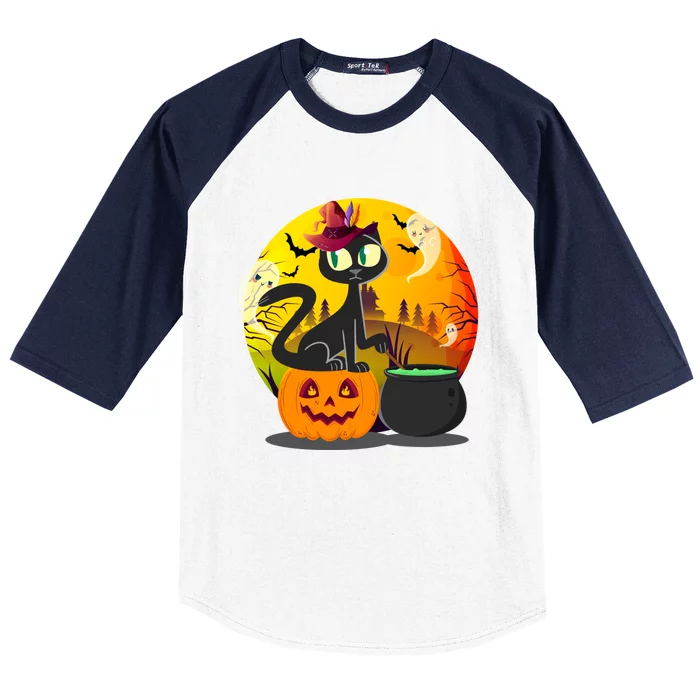 Funny Black Cat Full Moon With Witch Hat Halloween Costume Gift Baseball Sleeve Shirt