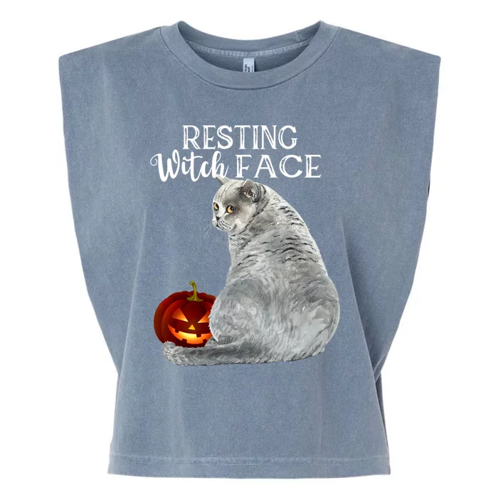 Funny Black Cat Resting Witch Face Halloween Costume Cool Gift Garment-Dyed Women's Muscle Tee