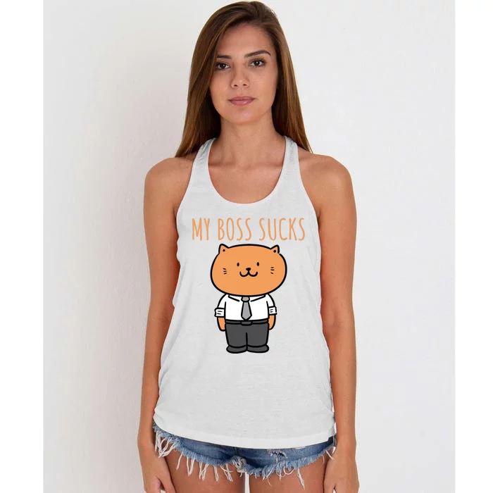 Funny Boss Cat My Boss Sucks, Cute Cat Lovers Women's Knotted Racerback Tank