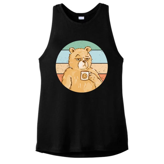 Funny Bear Coffee Lover Retro Sunset Ladies Tri-Blend Wicking Tank