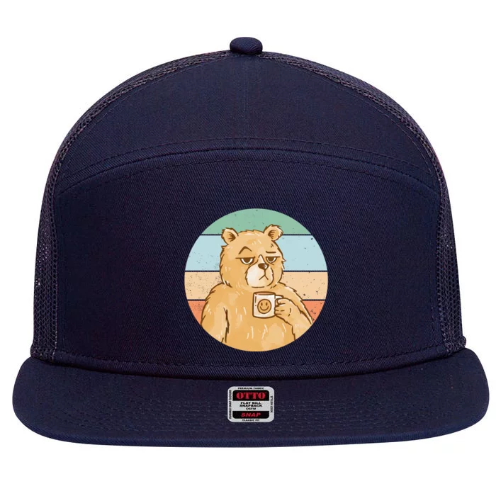 Funny Bear Coffee Lover Retro Sunset 7 Panel Mesh Trucker Snapback Hat