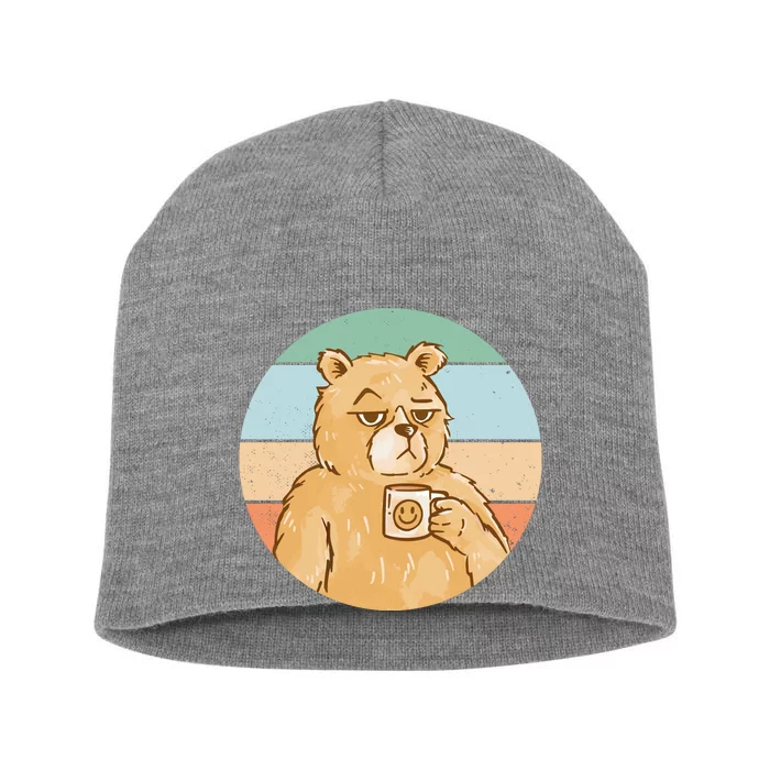 Funny Bear Coffee Lover Retro Sunset Short Acrylic Beanie