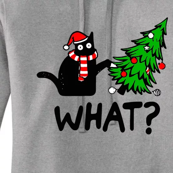 Funny Black Cat Gift Pushing Christmas Tree Over Cat What Cool Gift Women's Pullover Hoodie