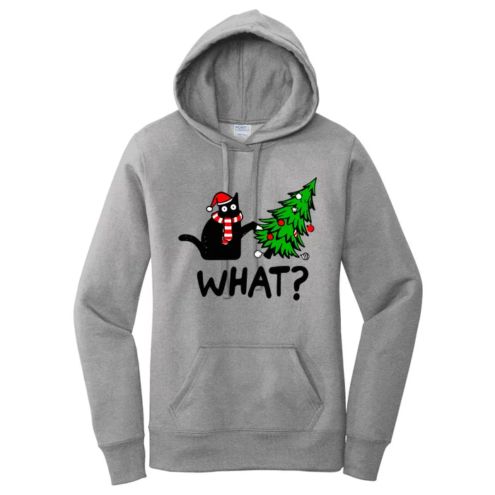 Funny Black Cat Gift Pushing Christmas Tree Over Cat What Cool Gift Women's Pullover Hoodie