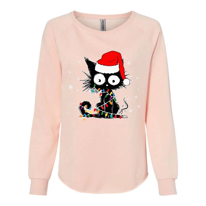 Funny Black Cat Christmas Lights Santa Hat Xmas Womens California Wash Sweatshirt