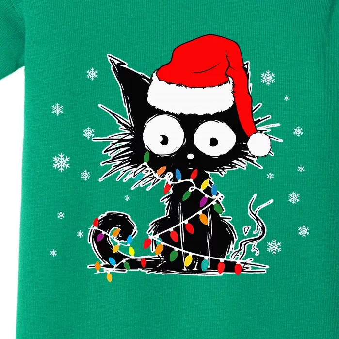 Funny Black Cat Christmas Lights Santa Hat Xmas Baby Bodysuit