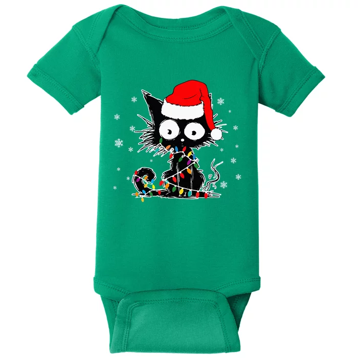 Funny Black Cat Christmas Lights Santa Hat Xmas Baby Bodysuit