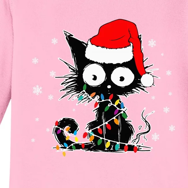 Funny Black Cat Christmas Lights Santa Hat Xmas Baby Long Sleeve Bodysuit