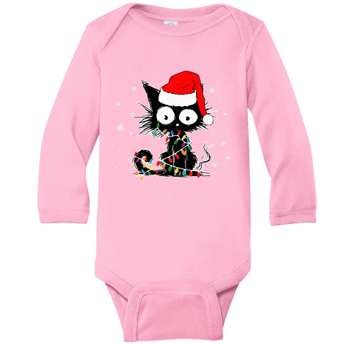 Funny Black Cat Christmas Lights Santa Hat Xmas Baby Long Sleeve Bodysuit