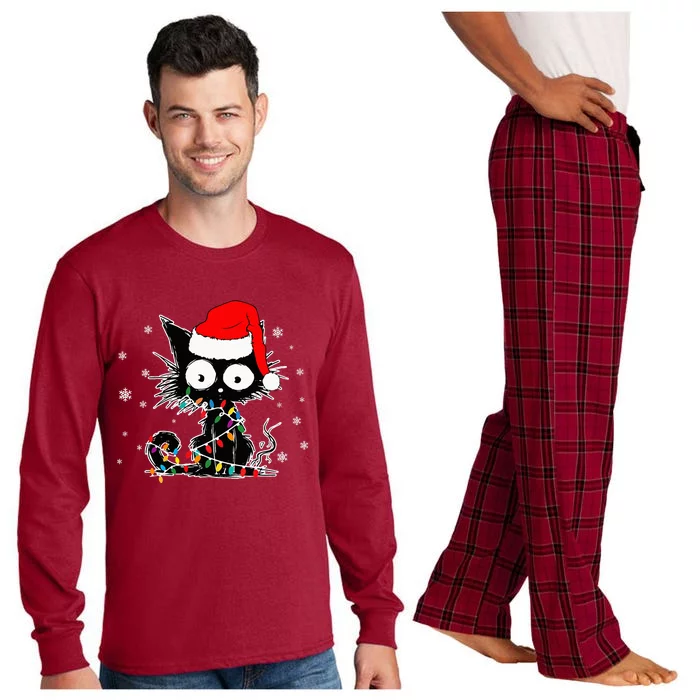 Funny Black Cat Christmas Lights Santa Hat Xmas Long Sleeve Pajama Set