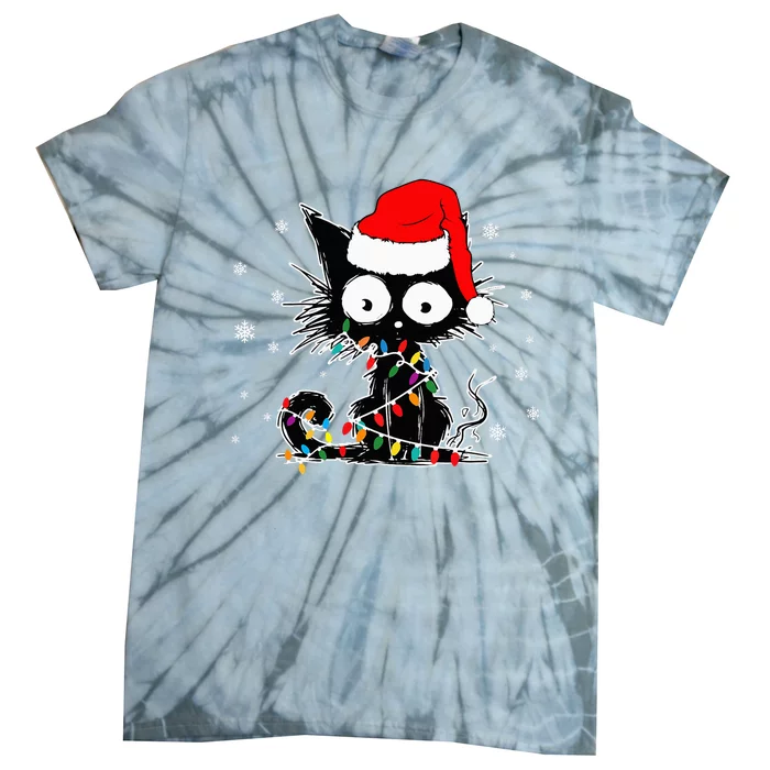 Funny Black Cat Christmas Lights Santa Hat Xmas Tie-Dye T-Shirt