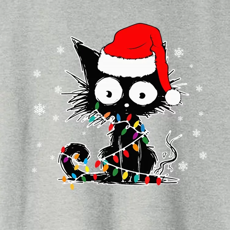 Funny Black Cat Christmas Lights Santa Hat Xmas Women's Crop Top Tee