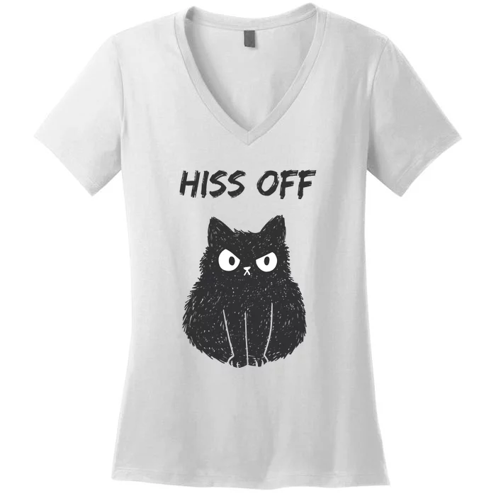 Funny Black Cat Hiss Off Meow Cat Moody People Sassy Person Women's V-Neck T-Shirt