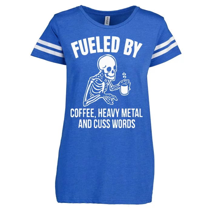 Fueled By Coffee Heavy Metal And Cuss Words Skull Skeleton Enza Ladies Jersey Football T-Shirt