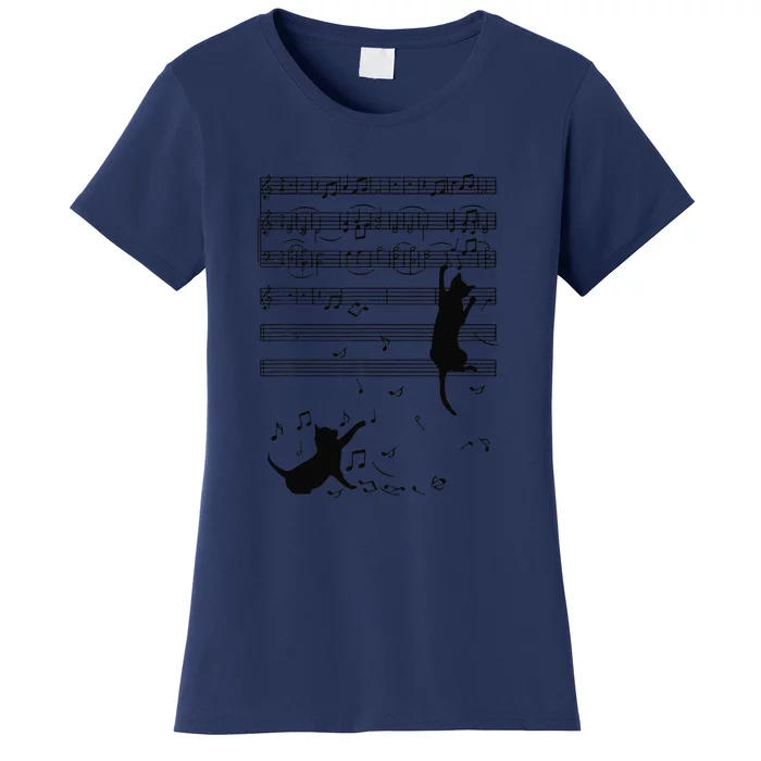 Funny Black Cat Climbing Playing Sheet Music Note Gift Idea Women's T-Shirt