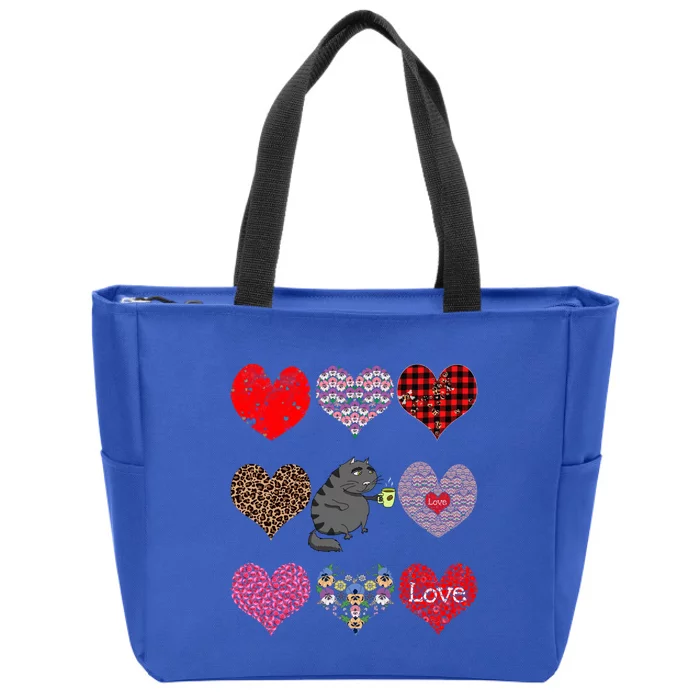 Funny Black Cat Hearts Pattern Coffee Lover Valentines Day Cute Gift Zip Tote Bag