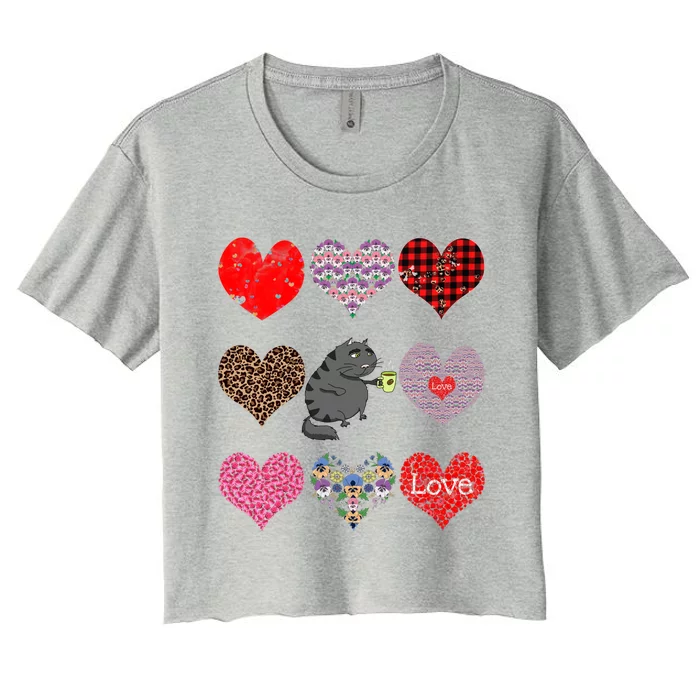 Funny Black Cat Hearts Pattern Coffee Lover Valentines Day Cute Gift Women's Crop Top Tee