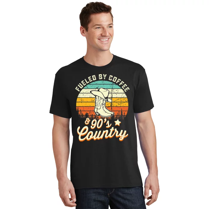 Fueled By Coffee And 90s Country Funny Vintage Sunset T-Shirt