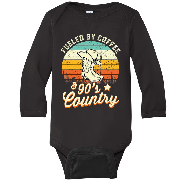 Fueled By Coffee And 90s Country Funny Vintage Sunset Baby Long Sleeve Bodysuit