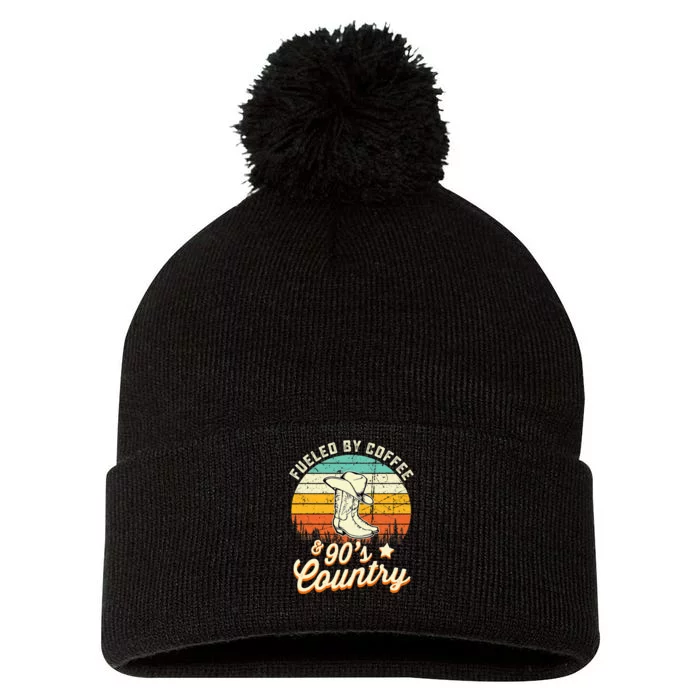 Fueled By Coffee And 90s Country Funny Vintage Sunset Pom Pom 12in Knit Beanie