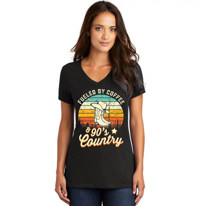 Fueled By Coffee And 90s Country Funny Vintage Sunset Women's V-Neck T-Shirt