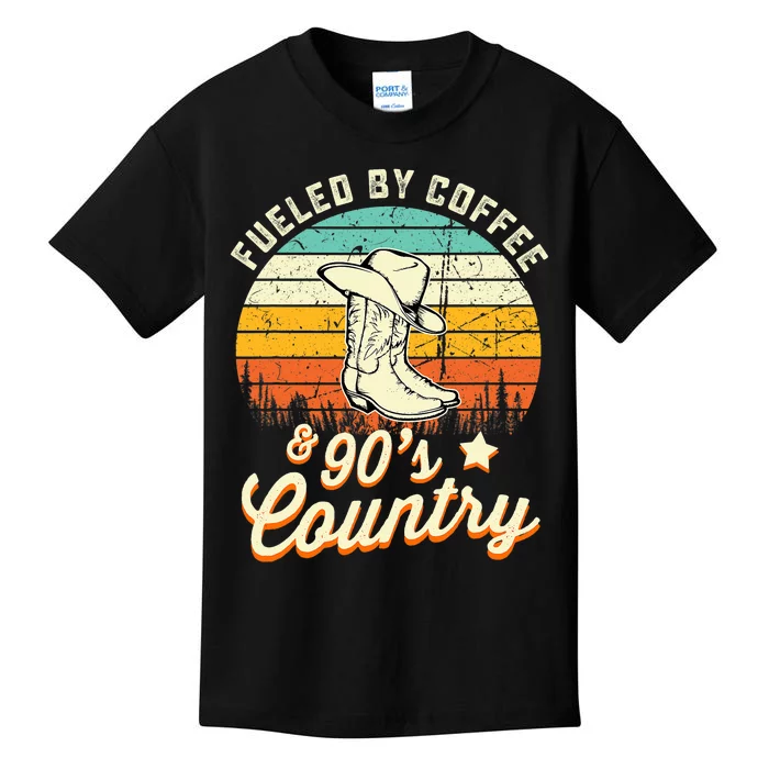 Fueled By Coffee And 90s Country Funny Vintage Sunset Kids T-Shirt