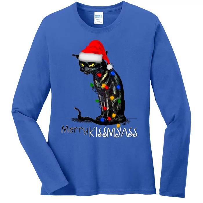 Funny Black Cat Merry Myass Xmas Chritsmas Gift Ladies Long Sleeve Shirt