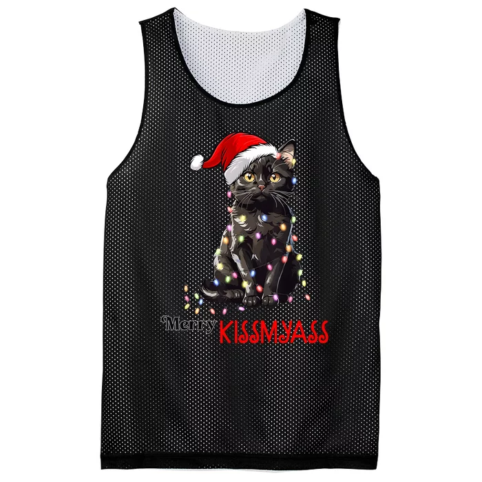 Funny Black Cat Merry Kissmyass Xmas Pajamas Chritsmas Mesh Reversible Basketball Jersey Tank