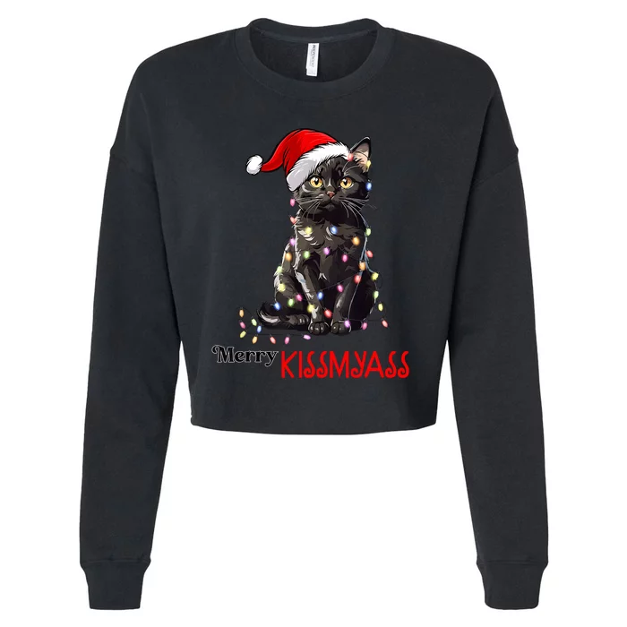 Funny Black Cat Merry Kissmyass Xmas Pajamas Chritsmas Cropped Pullover Crew