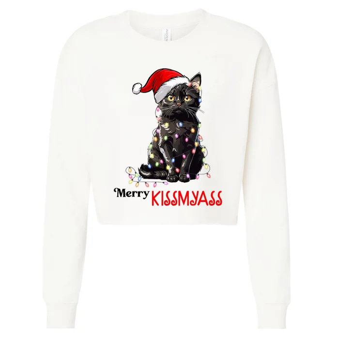 Funny Black Cat Merry Kissmyass Xmas Pajamas Chritsmas Cropped Pullover Crew