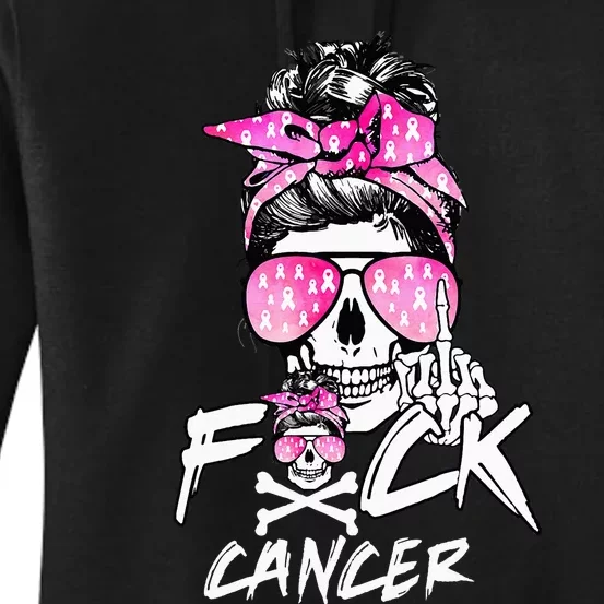 Fuck Breast Cancer Women Warrior Pink Ribbon Messy Bun Hair Women's Pullover Hoodie