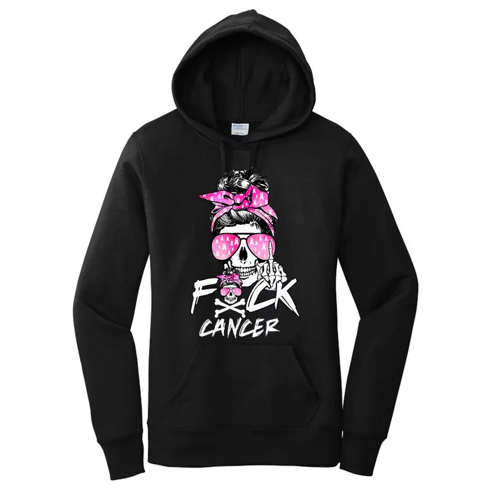 Fuck Breast Cancer Women Warrior Pink Ribbon Messy Bun Hair Women's Pullover Hoodie