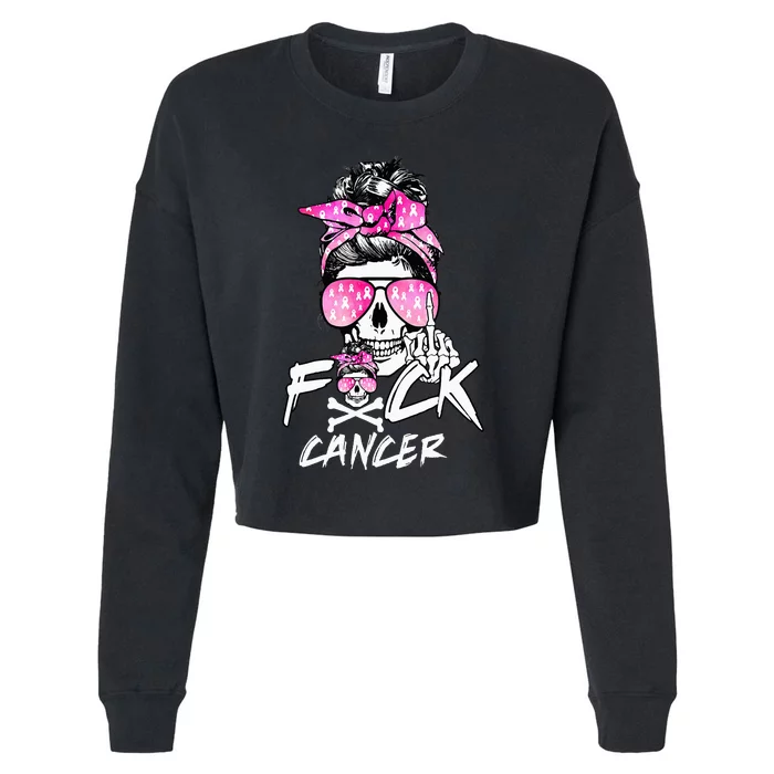 Fuck Breast Cancer Women Warrior Pink Ribbon Messy Bun Hair Cropped Pullover Crew