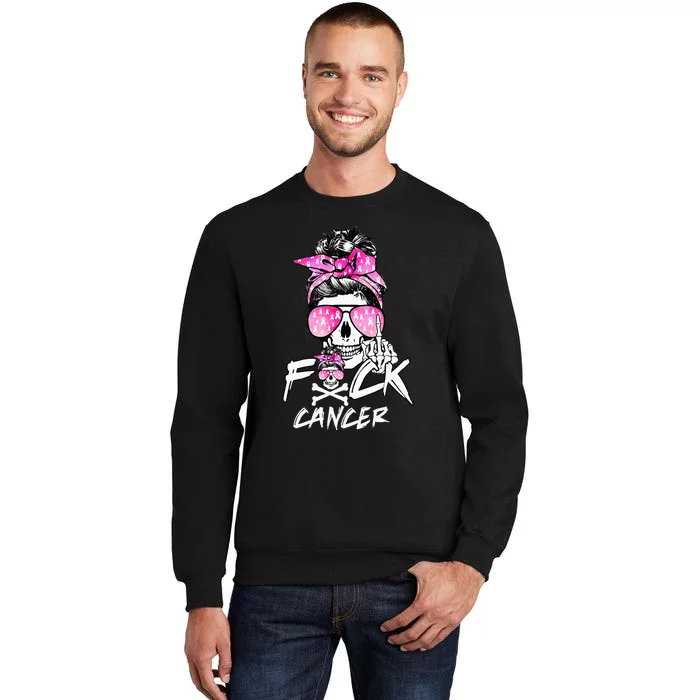 Fuck Breast Cancer  Warrior Pink Ribbon Messy Bun Hair Sweatshirt