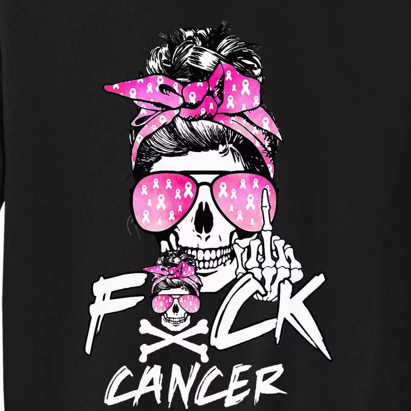 Fuck Breast Cancer  Warrior Pink Ribbon Messy Bun Hair Sweatshirt