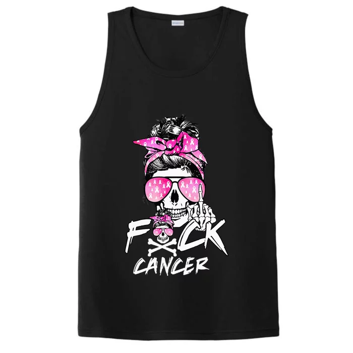 Fuck Breast Cancer  Warrior Pink Ribbon Messy Bun Hair Performance Tank