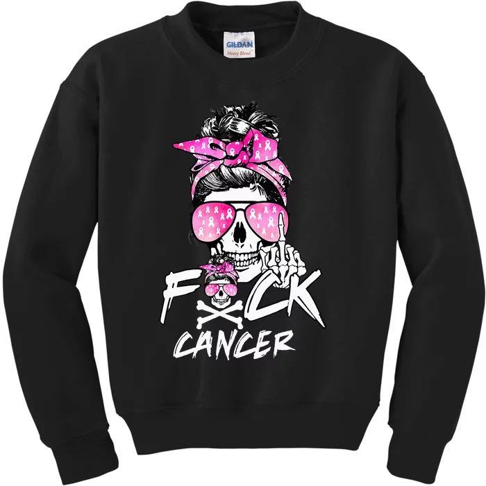 Fuck Breast Cancer  Warrior Pink Ribbon Messy Bun Hair Kids Sweatshirt