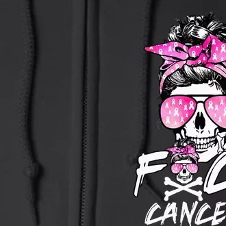 Fuck Breast Cancer  Warrior Pink Ribbon Messy Bun Hair Full Zip Hoodie