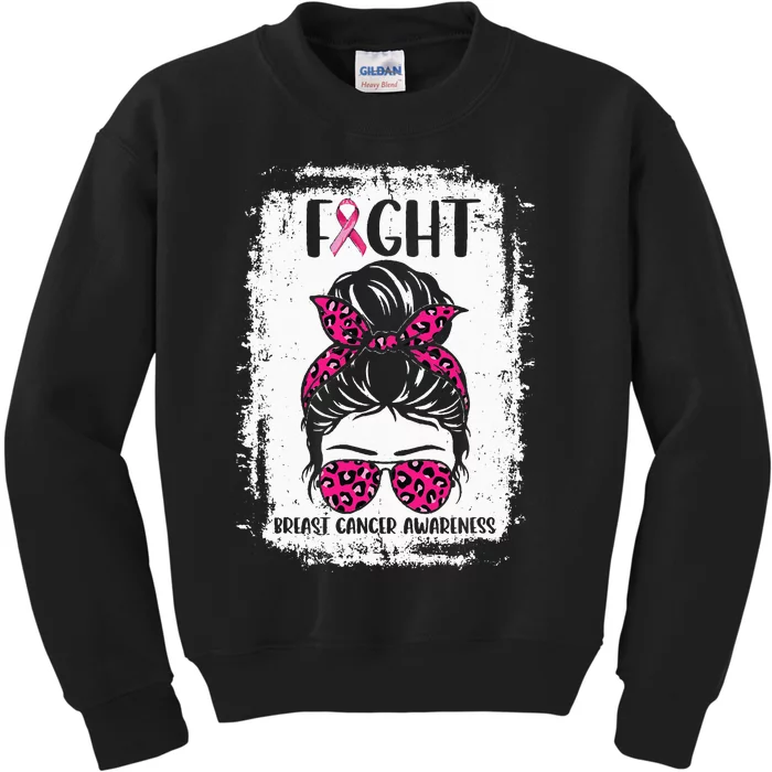 Fight Breast Cancer Awareness Pink Ribbons Messy Bun Kids Sweatshirt