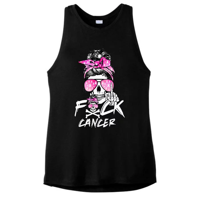 Fuck Breast Cancer Women Warrior Pink Ribbon Messy Bun Hair Ladies Tri-Blend Wicking Tank