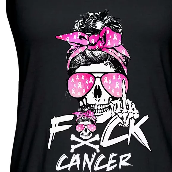 Fuck Breast Cancer Women Warrior Pink Ribbon Messy Bun Hair Ladies Essential Flowy Tank