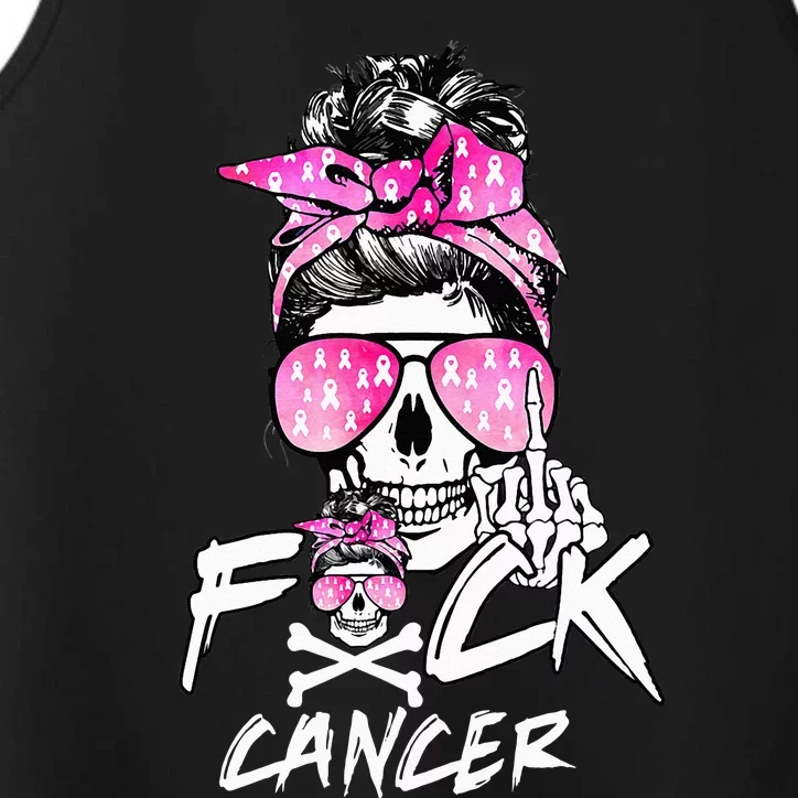 Fuck Breast Cancer Women Warrior Pink Ribbon Messy Bun Hair Performance Tank