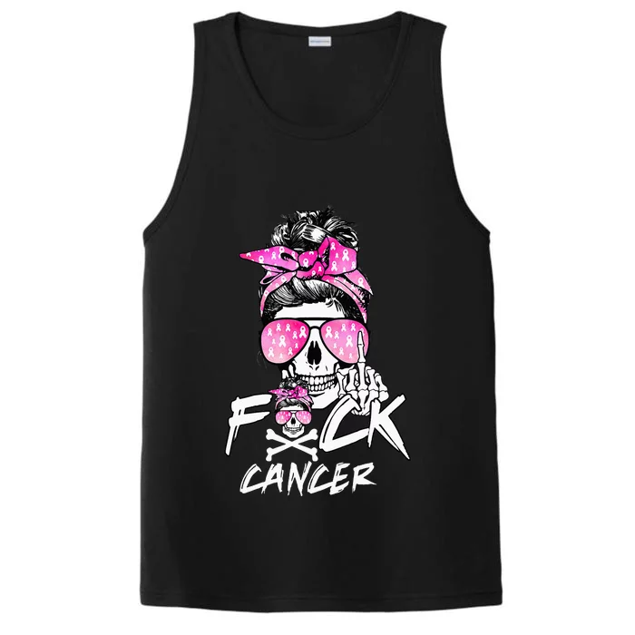 Fuck Breast Cancer Women Warrior Pink Ribbon Messy Bun Hair Performance Tank