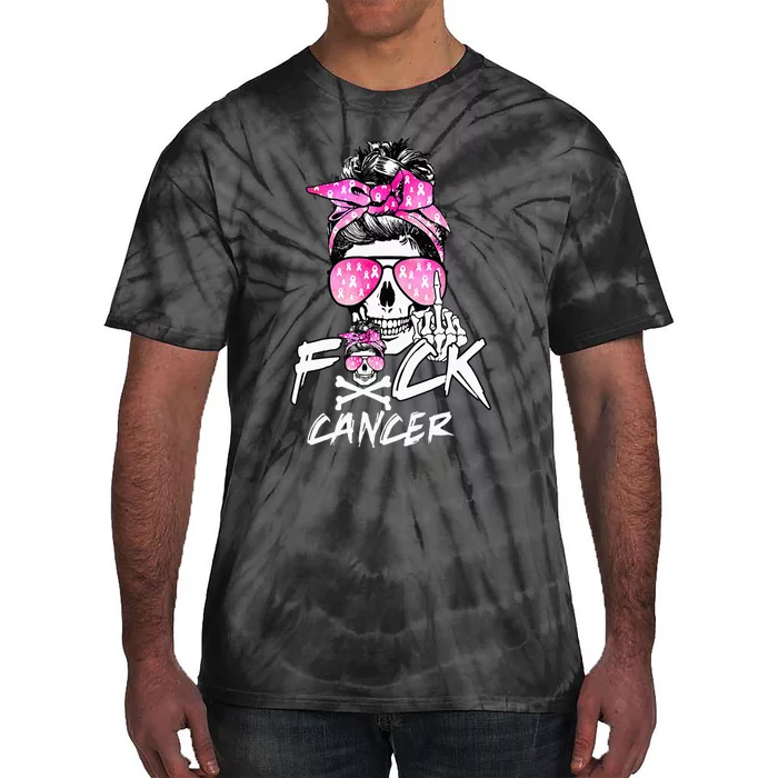 Fuck Breast Cancer Women Warrior Pink Ribbon Messy Bun Hair Tie-Dye T-Shirt