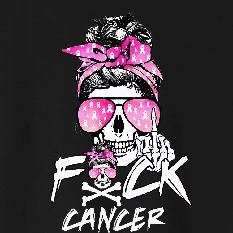 Fuck Breast Cancer Women Warrior Pink Ribbon Messy Bun Hair Women's Crop Top Tee