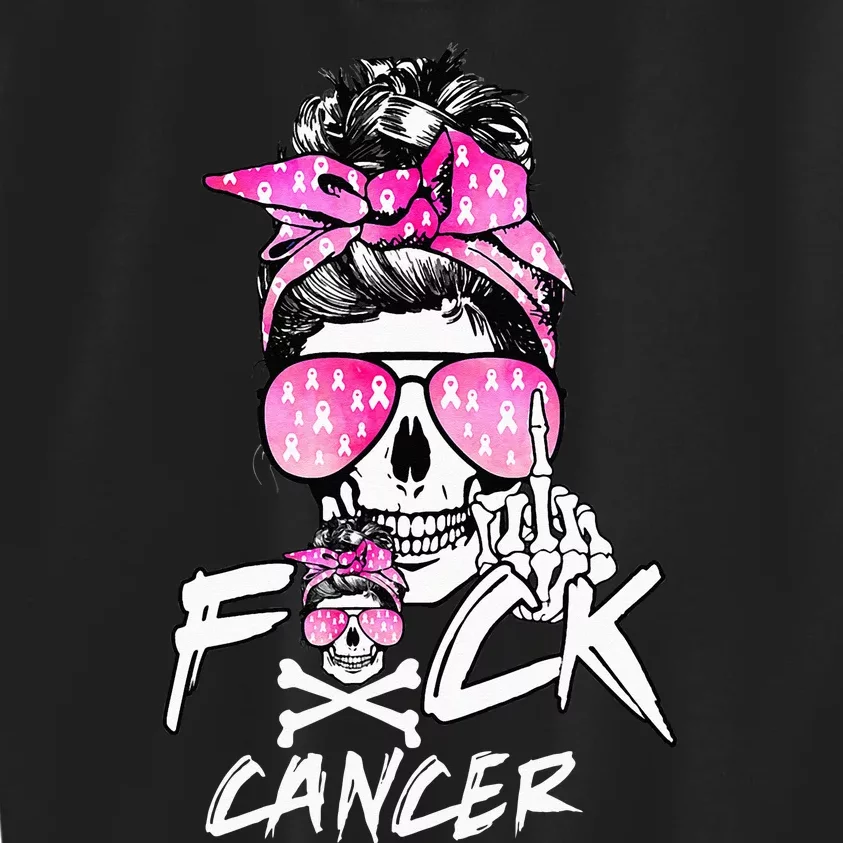 Fuck Breast Cancer Women Warrior Pink Ribbon Messy Bun Hair Kids Sweatshirt