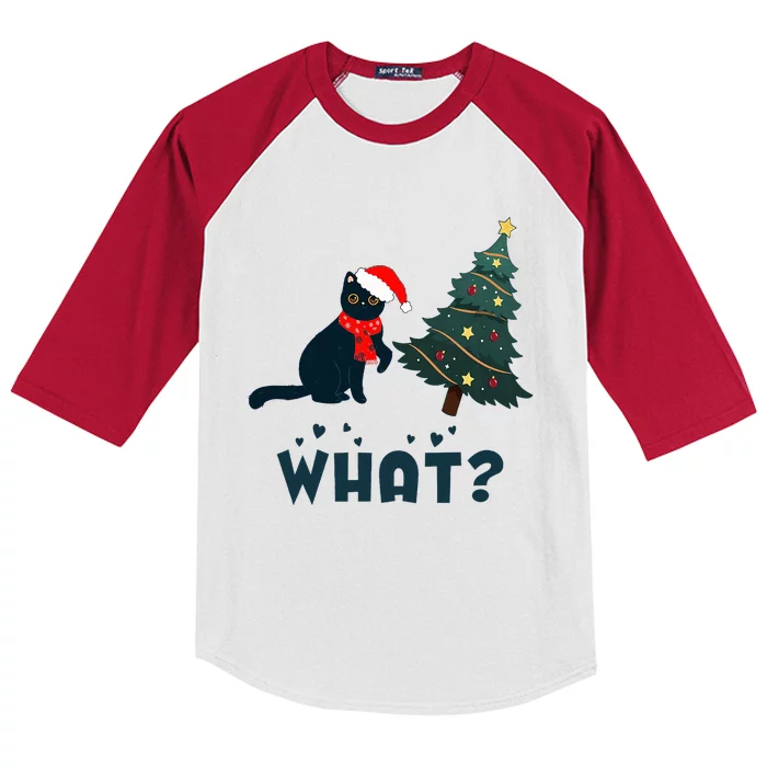 Funny Black Cat Pushing Christmas Tree Over Cat What Kids Colorblock Raglan Jersey