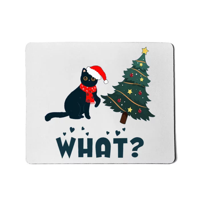 Funny Black Cat Pushing Christmas Tree Over Cat What Mousepad