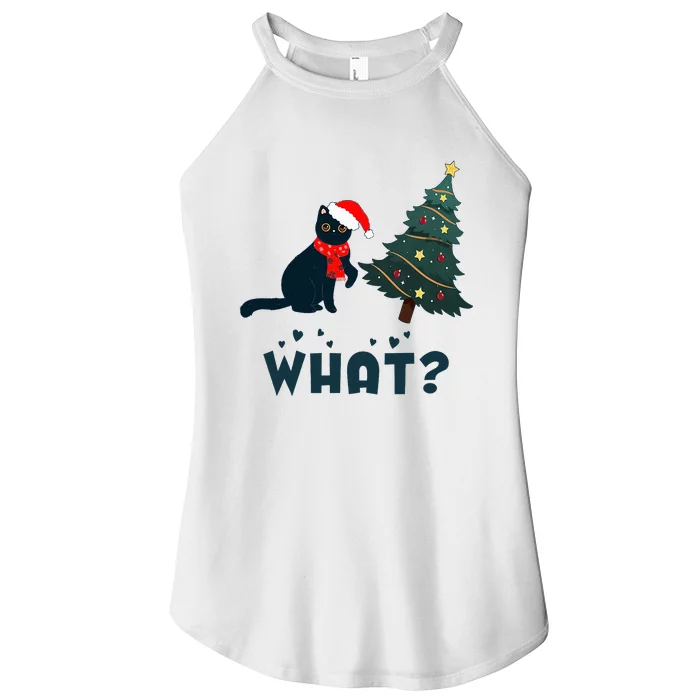 Funny Black Cat Pushing Christmas Tree Over Cat What Women’s Perfect Tri Rocker Tank