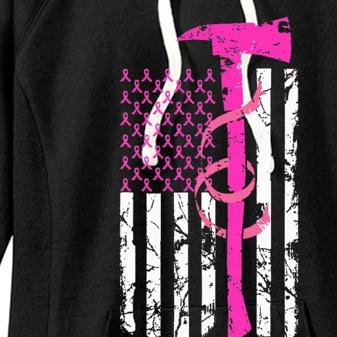 Firefighter Breast Cancer Awareness USA Flag Pink Ribbon Women's Fleece Hoodie